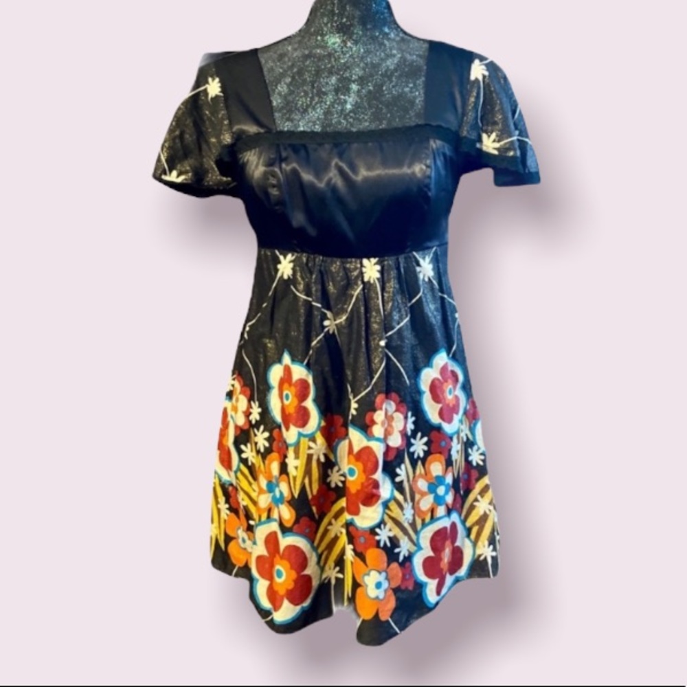 Voll Black Satin and Shimmer Floral Babydoll Dress